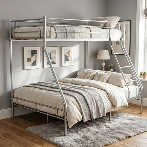 Panana Triple Bunk Bed 3FT Single 4FT6 Double Metal Bed Frame with Ladder & Safety Guardrail for Kids, Teens & Adults (Silver)