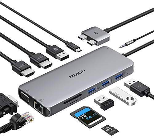 MOKiN Station d'accueil USB C 12 en 2 - Adaptateur USB C avec double HDMI 4K @ 60 Hz, VGA, prise en charge MST/SST, lecteur de carte SD/TF, audio 3.5 mm pour MacBook Pro/Air 2020/2019