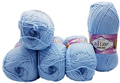 Alize Cotton gold 5 x 100g Strickwolle 55% Baumwolle, 500 Gramm Wolle einfarbig (blau 513)