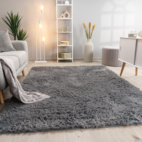 Paco Home Hochflor Teppich Wohnzimmer rutschfest Fellteppich Shaggy Flauschig Weich Modern Kunstfell Fell Imitat Einfarbig, Grösse:60x100 cm, Farbe:Grau