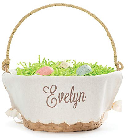 Personalized Easter Egg Basket with Handle and Custom Name in Brown Script | Scallop Edge Linen Easter Basket Liners | Tan Basket | Woven Easter Baskets for Kids and Adults | Customized Easter Basket