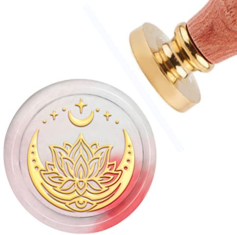 craspire Wachssiegelstempel Lotus & Mond 30 mm (1.2 Zoll) Messingkopf Mit Abnehmbarem Holzgriff Für Einladungskarten Geschenk