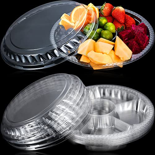 WHQXFDZ 12 Pack Round Plastic Veggie Tray with Lid 10 Inch Fruit 6 Divided Compartment Container Food Serving Dip Platter Reusable Catering Trays for Snack Party and Buffet Trays(10inch)