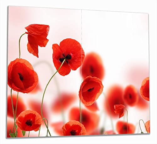 Wallario Herdabdeckplatte/Spritzschutz aus Glas, 2-teilig, 60x52cm, für Ceran- und Induktionsherde, Leuchtende Mohnblumen - Rote Mohnblumenblüten