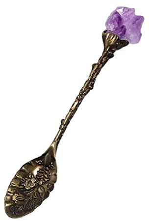 Soulnioi Vintage Carved Crystal Spoons Retro Decorative Coffee Stirring Spoons Dessert Spoons Ice Cream Spoon with Amethyst Crystal Head for Cafe Office Tableware -Brass