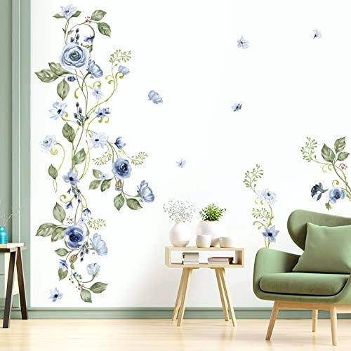 decalmile Wandsticker Hängende Rosen Blau Wandtattoo Rebe Blätter Mädchen | Abziehbare und Aufklebbare Wandaufkleber, DIY Abnehmbare Wandkunst Abziehbilder, Wandfreundlich, Leuchtenden Farben