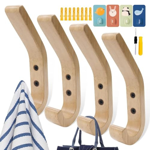 BITEFU 4 Stk Garderobenhaken Holz Kleiderhaken, Holzhaken Wand für Aufhängen von Handtüchern, Regenschirmen, Handtaschen mit Schraubendreher, 4Schrauben,8Dehnrohr,4Kleinem Haken