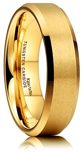 King Will GLORY 6mm Matte Finish Wolframkarbid Ring 24K Gold plattiert Komfort Fit Hochzeit Band(9)