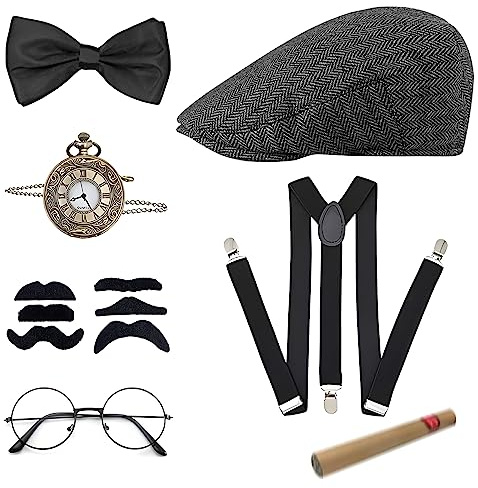 JOPHEK 1920s Gatsby Accesorios Hombre,7Piezas Accesorios Disfraz Años20,Disfraz de Gatsby con Sombrero de PanamáTirantes Reloj deBolsillo Pajarita Bigote Falso Gafas,para Carnaval Mascarada Halloween