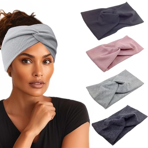 Norhogo 4 Stück Sommer Elastische Stirnbänder, stirnband damen, Stil-a | Elastisch Breites Stirnband Baumwollkreuz Stirnband Knoten Sport Headwrap Headband Yoga Haarschmuck für Damen Mädchen