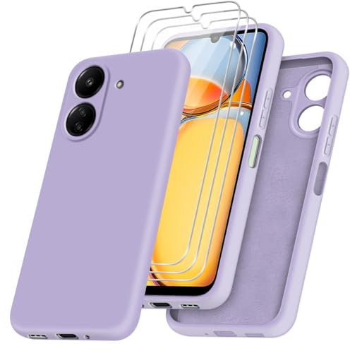 jrester Funda para Xiaomi Redmi 13C / Xiaomi Poco C65 4G con Tres Cristal Templado Protector de Pantalla, Púrpura Suave Silicona Protectora Carcasa para Xiaomi Redmi 13C 4G LTE/Xiaomi Poco C65.