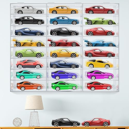 Juexica Transparente Acryl-Spielzeug-Auto-Vitrine im Maßstab 1:24, Druckguss-Displaybox, Wandmontage, Regal zur Aufbewahrung, Spielzeugauto, Mini-Modellrennen (24 Gitter)