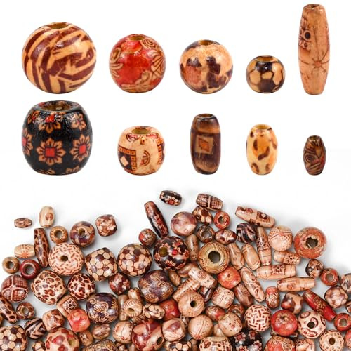 NAROSEBE 448 Stück Holzperlen Set - Gemalt Armband Perlen Mit Großem Loch, Muster Schmuck, Bedruckt Runde Zum Auffädeln für DIY Kunsthandwerk