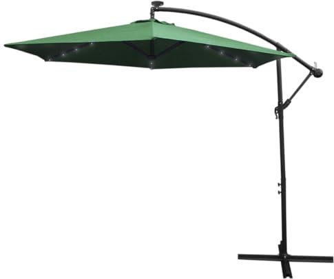 LED Cantilever Parasol 3m Green Banana Hanging Umbrella 24 Solar Powered Cool White Lights 360 Rotation Tilt Garden Sun Shade Canopy Patio UV Protection Winding Crank FREE Waterproof Rain Cover…