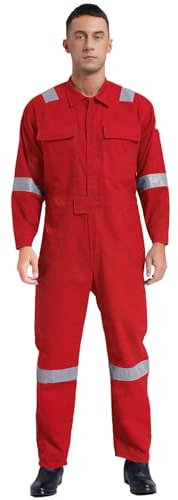 Xnihocha Herren Arbeitsoverall Overall Langarm Einteiler Arbeitsanzug aus 100% Baumwolle Reflektierende Streifen Lang Jumpsuit Rot 3XL