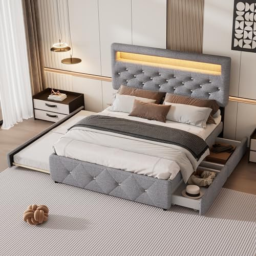 Kebnor 140 x 200 cm (90 x 190 cm), Cama Doble Tapizada con Podio y 2 Cajones, Mesita de Noche con Barra de Luz (Gris)