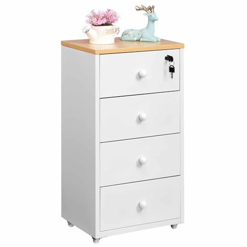 HollyHOME Mobile File Cabinets,Lockable 4-Drawer Filing Cabinet,Under Desk Metal Storage Cabinet with Wheels for Home Office A4 Letter Size,White