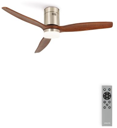 CREATE / WINDCALM NATURAL WOOD M/Ventilador de techo con luz níquel aspas madera oscura y mando / 40W, Temporizador, Ø132 cm, 6 velocidades, 3 temperaturas de luz, función verano-invierno