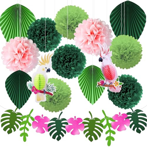 Phlognfy Hawaii Thema Party Dekoration Set, Summer Party Deko Gartenparty, 8 pompoms dekoration, 4 fächerförmiges Blatt, 2 Papagei Wabenball, 1 Banner Blättern, für Sommer Geburtstagdeko Dschungel
