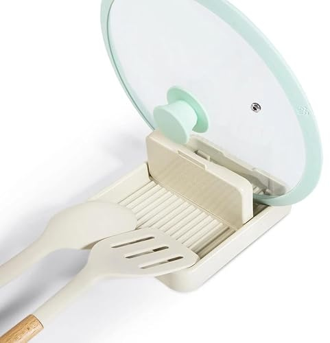 1 poggiamestolo bianco con coperchio, supporto per cucchiaio per bancone della cucina, pieghevole, perfetto per posizionare cucchiai, coperchi per pentole, spatole, utensili, mestolo, pinze, beige