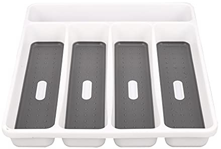 Pqahffowr Grand plateau gris pour argenterie, fourchette, conteneur de collecte, 5 compartiments, doublure douce, boîte de rangement en plastique pour couverts