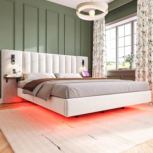 Merax Kingsize bed frame, 5ft King Size Upholstered Bed, 2 bedside reading lights with charging socket, Soft headboard with Storage Flat Panel, light strip under the bed, Beige/Velvet, 150CM*200CM