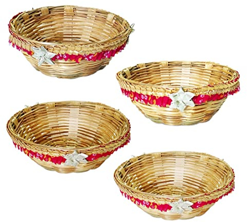 Small Decorative Bamboo Basket|Dry-Fruit/Shagun Laddo keeping packing 5” Diameter(Pack of 4) Multicolour Multiuses Basket/Tokri