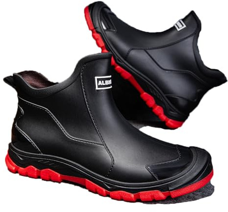 FREECOZYER Mens Wellington Waterproof Rain Boots Outdoor Garden Short Ankle Wellies Chelsea Booties Rain Shoes for Adults(Black-Red,UK 9)