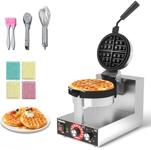 POPFOODEX Belgian Waffle Maker, 110V Industrial Waffle Maker w/Non-Stick Coating and Adjustable Temperature (122-572°F), 1200W Rotary Commercial Waffle Machine w/Timer, Restaurants and Food Trucks