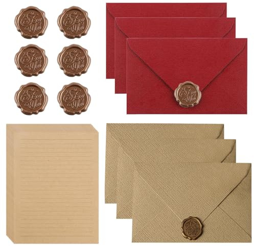 Briefpapier mit Umschlag, Liebesbrief, Vintage Briefpapier Set, mit 6 Leinenumschlag Umschläge und Wachssiegel 10 A5 Papier, Vintage Briefpapier Umschlag Set, für Hochzeitseinladungen (Rot + Grau)