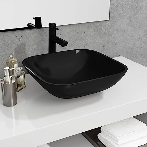 Lavabo de Cristal Negro, Diseño Cuadrado Moderno para Baño, Aseo o Tocador, Vidrio Templado Resistente, Fácil Limpieza, Instalación Sobre Encimera, 42x42x14 cm