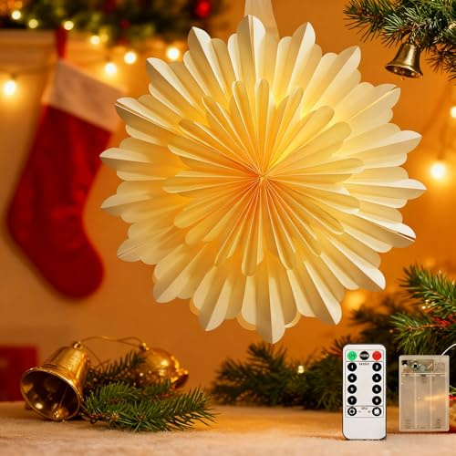 Estrella de Navidad iluminada de 40 cm de diámetro, estrella de papel festiva en 3D con cadena de luces LED de 2 m, 8 modos, mando a distancia, estrella para colgar, decoración de Adviento y Navidad