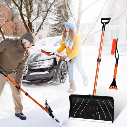 Rhdekoein Pelle à Neige – Kit de Déneigement 2-en-1 avec Lame Large en Acier Renforcé, Poignée Ergonomique, Design Amovible, avec Grattoir à Glace, Brosse à Neige et Grattoir Pare-Brise