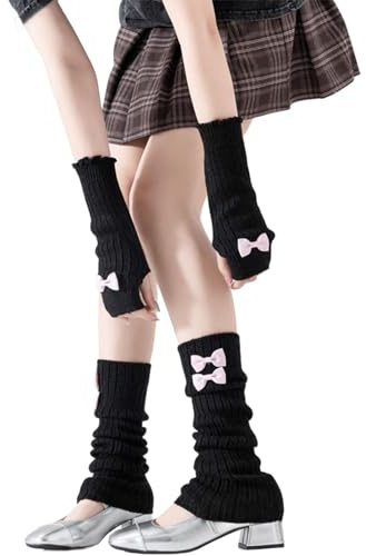 ANNUOZE Y2K Armstulpen und Beinstulpen Set mit Schleifen | Harajuku Strick-Fingerlose Handschuhe Beinwärmer, Herbst Winter Lolita JK Outfit Zubehör für Damen