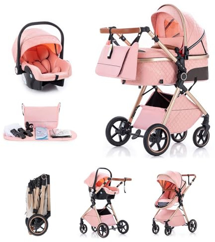 Kakbgee Cochecito 3 en 1 con Silla de Coche, Carrito bebé Plegable, Manillar 7 Alturas, Suspensión 4 Ruedas, Funda de Lluvia y Mosquitera, Sistema de Viaje para Recién Nacidos 0-3 Años (15kg), Rosa