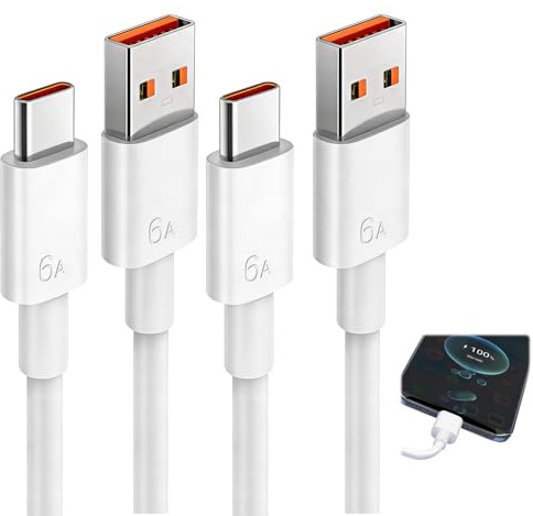 EuSupNova Cable 120W 6A, 2-Pack 120W Cable USB C Carga Rapida compatible con Note 12 13 13T 14 14T 15 Ultra Pro 5G A5 A3 15C, 2M 6A Carga Rápida USB a USB C Cable Turbo Hypercharge(Blanco)