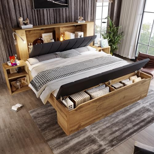Kebnor Doppelbett 180 x 200 cm Holzbett mit klappbarem Kopfteil aus Leinenstoff Stauraum Zwei Nachttische Bettbank mit Stauraum Leselampen mit USB ohne Matratze