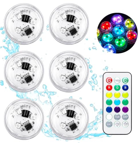 6 Stück Unterwasser LED Lichter Mini Licht 16 RGB Farben | Wasserdichte LED Lichter mit Fernbedienung IP68 Wasserdichte Teelichter Multicolor für Aquarium, Pool, Deko und Party