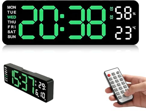 13IN Large Digital Wall Clock, Alarm Clock with Remote Control Large LED Display Wall Clock Adjustable Brightness Count Up & Down Timer with Day Date Temperature for Home Gym Office and Classroom