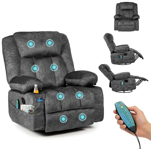 HAUSPROFI Fernsehsessel mit Wärme und Massage, Relaxsessel mit Liegefunktion, TV Sessel Wohnzimmer 360° Drehbarer mit 6 Seitentaschen Getränkehalter, Elektrisch Verstellbar Massagesessel, Grau