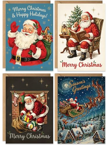 20 Christmas Cards, Festive Vintage Santa Claus Design, Bulk Xmas Cards, 4 Designs with Envelopes - For Friends, Family, Colleagues, Kids, Boys & Girls, 4x6