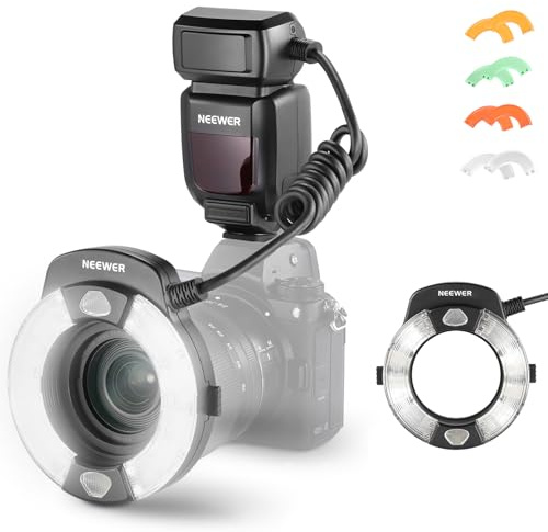 NEEWER RF1-N 76Ws Marco Flash Anular Compatible con Cámaras Nikon Potencia de 1-1/128 GN15 5600K Cortinilla Delantera/Trasera Sincro TTL Flash Externa Geles Color&Adaptador Objetivo Fotografía Macro