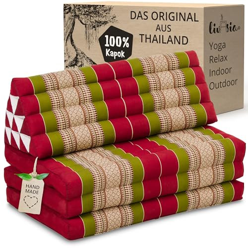 livasia Thaikissen 3 Auflagen für Paare XXL - 190x80x8cm - Dreieckskissen Klappmatratze, extrabreit Kapok, Rückenkissen faltbar, Thaimatte zum Klappen, Meditationskissen (Rot/Grün)
