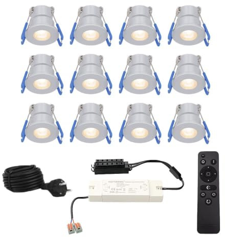 HOFTRONIC - Milano - 12er LED-Einbaustrahler 12 Volt - Beleuchtung Terrassenüberdachung - Dimmbar - Komplettset mit Fernbedienung - 3W - Plug & Play - 2700K 200lm - IP65 wasserdicht - Edelstahl