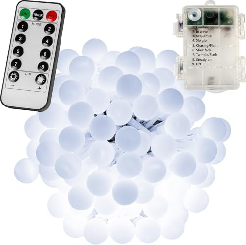 VOLTRONIC LED Partylichterkette, innen und außen, IP44, Batteriebetrieben, Fernbedienung, Größen- und Farbwahl, 50 LEDs, kaltweiß