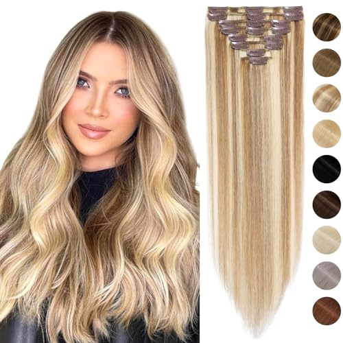Silk-co Echthaar Clip In Extensions 8 Tressen 18 Clips 60g, Blonde Highlighted Hair Extensions, Remy Echthaar Clip In Extensions Haarverlängerung 12P613# Goldenbraun und Bleichblond 35cm