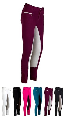 RL24 - Kinder-Reithose Flex Basicline | Reiterhose für Mädchen & Jungen | 3/4 Besatz aus Wildlederimitat | hautfreundlich, atmungsaktiv & elastisch | Reitleggings in Weinrot/Grau in Größe 110