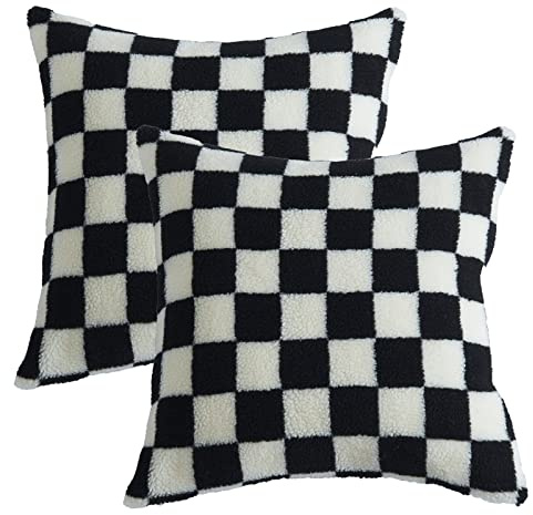 Lot de 2 housses de coussin en fausse fourrure sherpa douce à carreaux pour canapé-lit – 45,7 x 45,7 cm – Noir
