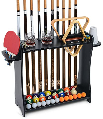 XCSOURCE Pool Stick Holder Floor Stand, 2-IN-1 Pool Cue Rack & Ping Pong Paddle Holder, 100% Solid Wood Holds 9 Cues Full Set of Balls, Billiards and Table Tennis Accessories for Man Cave, Game Room