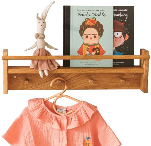MINICAMP Solid Oak Coat Hooks Wall Mounted - Floating Kids Bookshelf - Coat Rack with Shelf and 4 Pegs - Wooden Children Clothes Rail - Handmade Nursery Mini Storage - Scandi Décor
